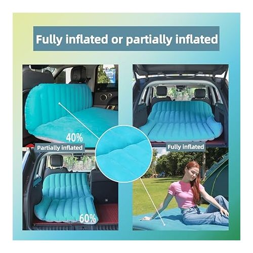  SUV Air Mattress Thickened and Double Side Flocked Travel Outdoor Mattress Back Camping Sleeping Pads for SUV Back Seat 4 Air Bags（Fruit Green and Space Gray）