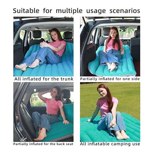  SUV Air Mattress Thickened and Double Side Flocked Travel Outdoor Mattress Back Camping Sleeping Pads for SUV Back Seat 4 Air Bags（Fruit Green and Space Gray）