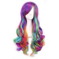 QHQ-SHININGLIFI 29.5 Womens Long Curly Cosplay Wigs and A Wig Cap, Harajuku Style Lolita Dazzle Colour Hair Wig for Mermaid/Unicorn Costume; wig001DC