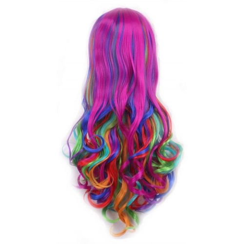  QHQ-SHININGLIFI 29.5 Womens Long Curly Cosplay Wigs and A Wig Cap, Harajuku Style Lolita Dazzle Colour Hair Wig for Mermaid/Unicorn Costume; wig001DC