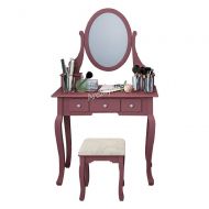 QIHANG-US Dressing Table Set Vanity Makeup Table Set with Mirror Cushioned Stool Drawers for Girls Bedroom Hallway (Cherry)