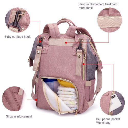  [아마존베스트]QIMIAOBABY Qimiaobaby Diaper Bag Backpack Multi-Function Large Capacity Waterproof Insulation Travel Bag, Baby Nappy Storage Bag, Fashion Mummy Bag (Pink Gray)