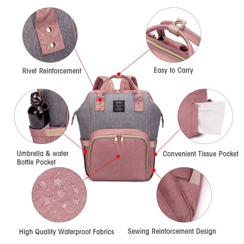  [아마존베스트]QIMIAOBABY Qimiaobaby Diaper Bag Backpack Multi-Function Large Capacity Waterproof Insulation Travel Bag, Baby Nappy Storage Bag, Fashion Mummy Bag (Pink Gray)