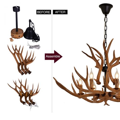  QIRUI Resin Antler Chandelier, Deer Horn 6 Light Vintage Style Ceiling Light American Rural Countryside Antler Chandeliers for Living room,Bar,Cafe, Dining room,8688