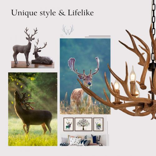  QIRUI Resin Antler Chandelier, Deer Horn 6 Light Vintage Style Ceiling Light American Rural Countryside Antler Chandeliers for Living room,Bar,Cafe, Dining room,8688