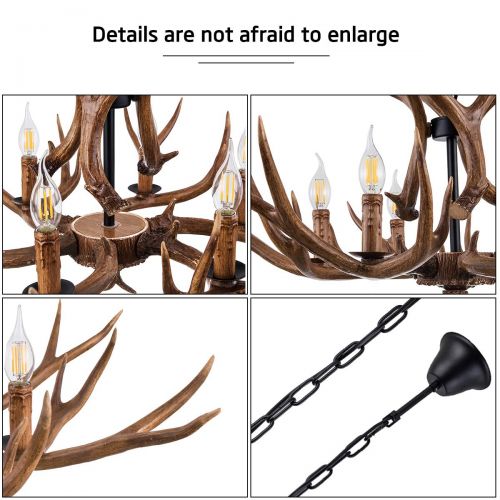  QIRUI Resin Antler Chandelier, Deer Horn 6 Light Vintage Style Ceiling Light American Rural Countryside Antler Chandeliers for Living room,Bar,Cafe, Dining room,8688