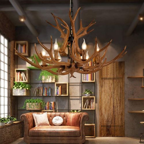  QIRUI Resin Antler Chandelier, Deer Horn 6 Light Vintage Style Ceiling Light American Rural Countryside Antler Chandeliers for Living room,Bar,Cafe, Dining room,8688