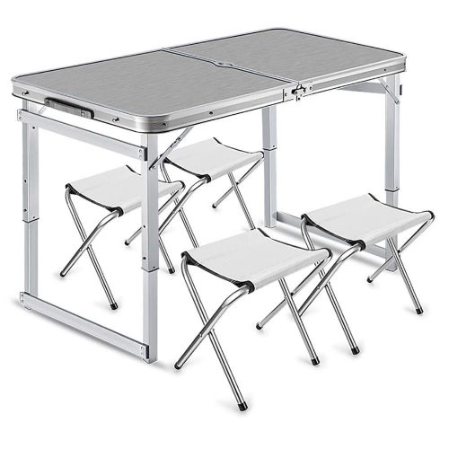  QJJML Outdoor Folding Table and Chair Set, Aluminum Folding Table, Easy to Clean, Picnic Light, Camp, Beach, Barbecue, Hiking, Tourism, Fishing,Silver