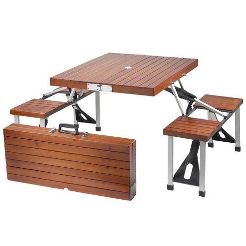  QJJML Foldable Wooden Table and Chair Set, Compact Garden Picnic Table and Stools - Space-Saving Furniture - Solid Wood - Country Brown