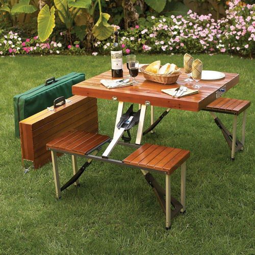  QJJML Foldable Wooden Table and Chair Set, Compact Garden Picnic Table and Stools - Space-Saving Furniture - Solid Wood - Country Brown