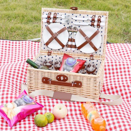  QJJML Spring Camping Rattan Picnic Basket/Portable Outdoor Picnic Basket/Insulation Woven Basket with Cover Camping Four People Cutlery Set