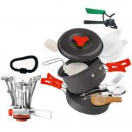 QJKai Camping Cookware Kit for 2 People Portable Camping Stove and Pan Aluminum Nonstick Lightweight Outdoor Backpacking Cookware Set for Gas Canister with Piezo Ignition