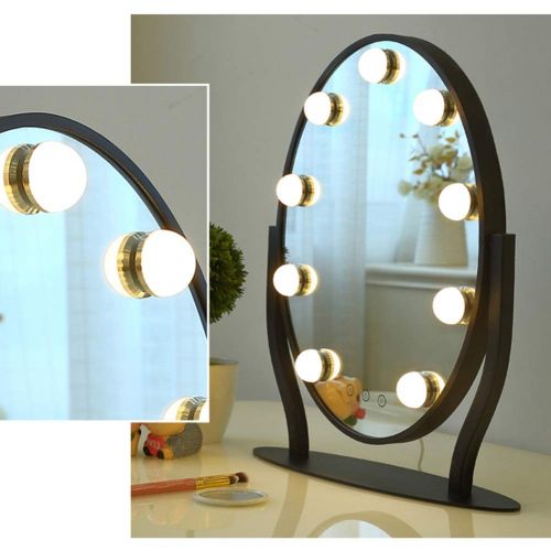  QNDYDB Desktop Oval LED Vanity Mirror with Light Bulb Creative Portable Vanity Mirror Professional HD Makeup Light (Color : Black Plug-in Model)