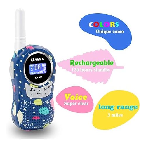  Qniglo Walkie Talkies for Kids - Rechargeable Kids Walkie Talkies with Clear Sound, Long Range - Perfect Birthday for 3-8 Year Old Boys Girls - Outdoor Adventures, Camping, Hiking