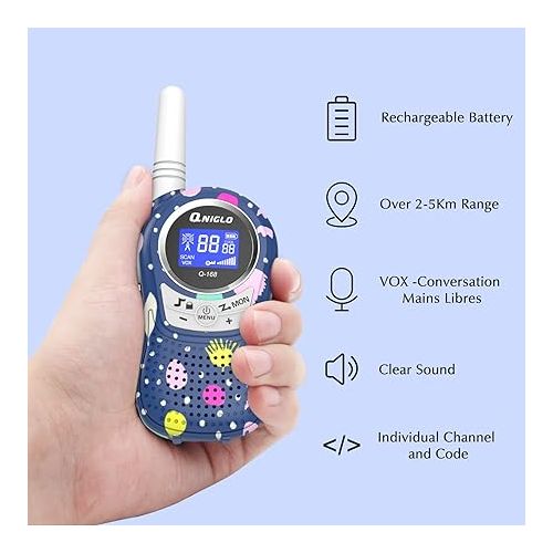  Qniglo Walkie Talkies for Kids - Rechargeable Kids Walkie Talkies with Clear Sound, Long Range - Perfect Birthday for 3-8 Year Old Boys Girls - Outdoor Adventures, Camping, Hiking