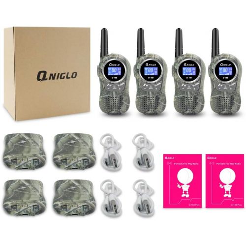  Qniglo Rechargeable Walkie Talkies, 22 Channel FRS Two Way Radio Long Range Walkie Talkies for Kids Adults (Camo Blue+Camo Green, 4 Pack)