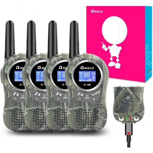  Qniglo Rechargeable Walkie Talkies, 22 Channel FRS Two Way Radio Long Range Walkie Talkies for Kids Adults (Camo Blue+Camo Green, 4 Pack)