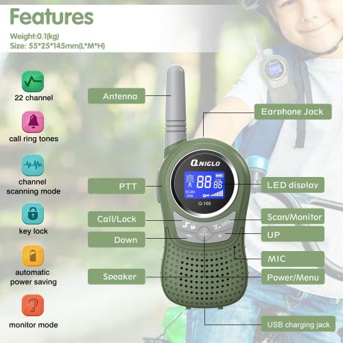  Qniglo Rechargeable Walkie Talkies, 22 Channel FRS Two Way Radio Long Range Walkie Talkies for Kids Adults (Camo Blue+Camo Green, 4 Pack)