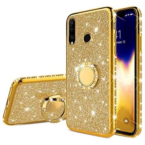  [아마존베스트]QPOLLY Kompatibel mit Huawei P30 Lite Huelle Glitzer Handyhuelle Kristall Strass Diamant UEberzug Silikon TPU mit 360 Grad Ring Stander Schutzhuelle Tasche Case per Huawei P30 Lite0,Go