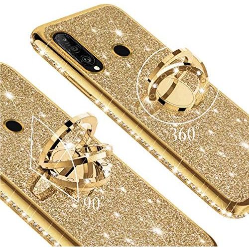  [아마존베스트]QPOLLY Kompatibel mit Huawei P30 Lite Huelle Glitzer Handyhuelle Kristall Strass Diamant UEberzug Silikon TPU mit 360 Grad Ring Stander Schutzhuelle Tasche Case per Huawei P30 Lite0,Go