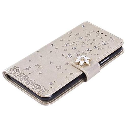  [아마존베스트]QPOLLY Samsung Galaxy S10 Plus Leather Flip Case Glitter Bling Diamond Wallet Protective Case Cat Cherry Blossom Pattern Flip Case Mobile Phone Case with Card Slots for Galaxy S10 Plus, G