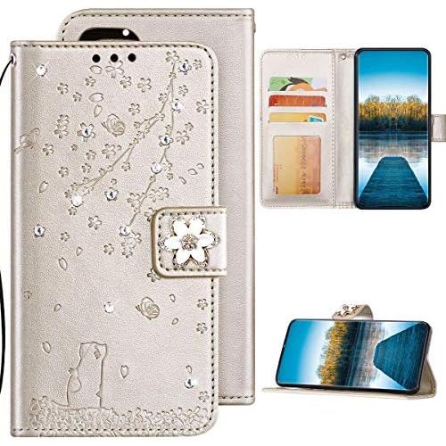  [아마존베스트]QPOLLY Samsung Galaxy S10 Plus Leather Flip Case Glitter Bling Diamond Wallet Protective Case Cat Cherry Blossom Pattern Flip Case Mobile Phone Case with Card Slots for Galaxy S10 Plus, G