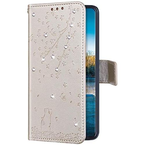  [아마존베스트]QPOLLY Samsung Galaxy S10 Plus Leather Flip Case Glitter Bling Diamond Wallet Protective Case Cat Cherry Blossom Pattern Flip Case Mobile Phone Case with Card Slots for Galaxy S10 Plus, G