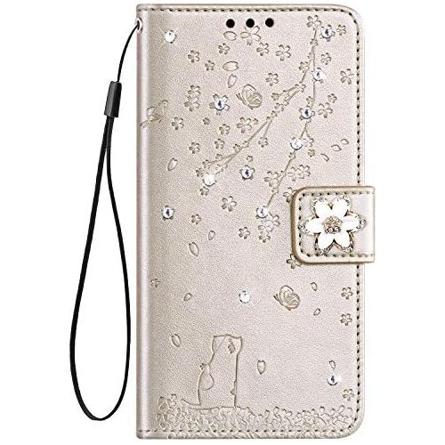  [아마존베스트]QPOLLY Samsung Galaxy S10 Plus Leather Flip Case Glitter Bling Diamond Wallet Protective Case Cat Cherry Blossom Pattern Flip Case Mobile Phone Case with Card Slots for Galaxy S10 Plus, G