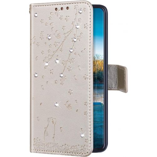  [아마존베스트]QPOLLY Samsung Galaxy S10 Plus Leather Flip Case Glitter Bling Diamond Wallet Protective Case Cat Cherry Blossom Pattern Flip Case Mobile Phone Case with Card Slots for Galaxy S10 Plus, G