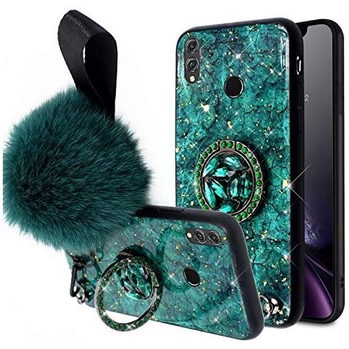  [아마존베스트]QPOLLY Kompatibel mit Huawei Honor 8X Huelle mit Strass Bling Ring Stander Silikon Glanzend Glitzer Goldfolie Marmor Schutzhuelle Kristall klar Silikon TPU Handyhuelle fuer Huawei Hono