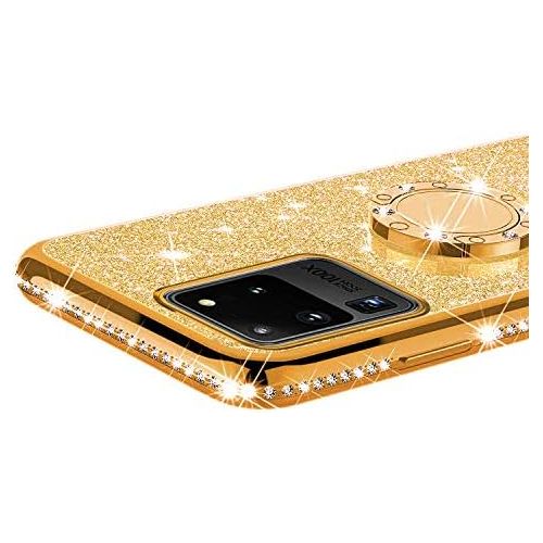 [아마존베스트]QPOLLY Kompatibel mit Samsung Galaxy S20 Ultra Huelle Glitzer Handyhuelle Kristall Strass Diamant UEberzug Silikon TPU mit 360 Grad Ring Stander Schutzhuelle Tasche Case per Galaxy S20