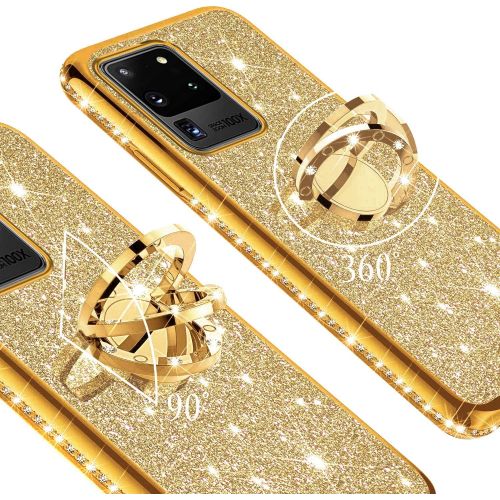  [아마존베스트]QPOLLY Kompatibel mit Samsung Galaxy S20 Ultra Huelle Glitzer Handyhuelle Kristall Strass Diamant UEberzug Silikon TPU mit 360 Grad Ring Stander Schutzhuelle Tasche Case per Galaxy S20