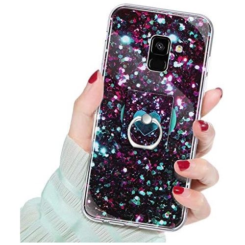  [아마존베스트]QPOLLY Kompatibel mit Samsung Galaxy A8 2018 Huelle,Glanzend Bling Glitzer Marmor Muster Schutzhuelle mit Ring Stander Weiches TPU Silikon Bumper Handyhuelle Case fuer Galaxy A8 2018,#