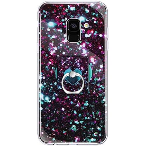  [아마존베스트]QPOLLY Kompatibel mit Samsung Galaxy A8 2018 Huelle,Glanzend Bling Glitzer Marmor Muster Schutzhuelle mit Ring Stander Weiches TPU Silikon Bumper Handyhuelle Case fuer Galaxy A8 2018,#