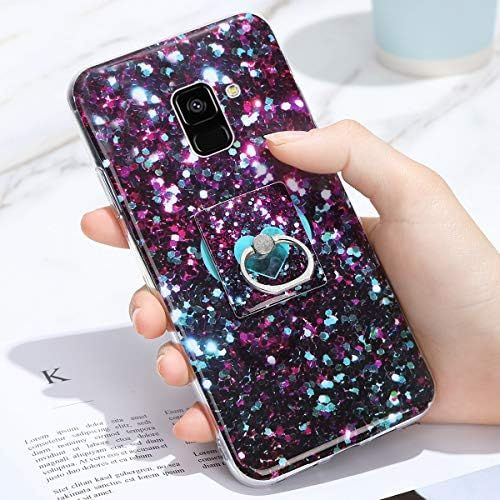  [아마존베스트]QPOLLY Kompatibel mit Samsung Galaxy A8 2018 Huelle,Glanzend Bling Glitzer Marmor Muster Schutzhuelle mit Ring Stander Weiches TPU Silikon Bumper Handyhuelle Case fuer Galaxy A8 2018,#