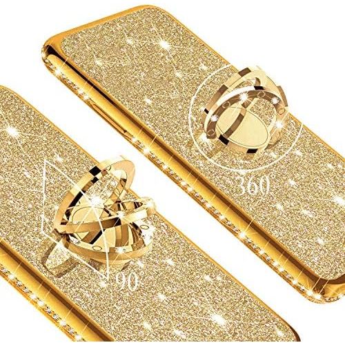  [아마존베스트]QPOLLY Kompatibel mit Samsung Galaxy A50S Huelle Glitzer Handyhuelle Kristall Strass Diamant UEberzug Silikon TPU mit 360 Grad Ring Stander Schutzhuelle Tasche Case per Galaxy A50S,Gol