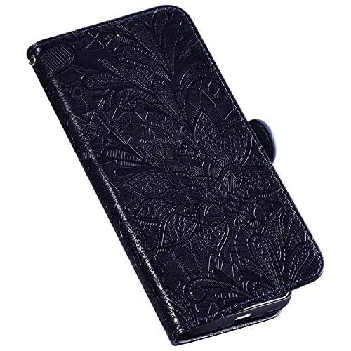  [아마존베스트]QPOLLY Kompatibel fuer Huawei Honor 20 Pro Huelle Leder Tasche Flip Case Spitzeblume Muster Handytasche Magnet Schutzhuelle im Brieftasche-Stil mit Kartenfacher Standfunktion,Blau