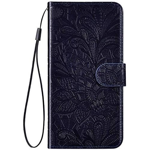  [아마존베스트]QPOLLY Kompatibel fuer Huawei Honor 20 Pro Huelle Leder Tasche Flip Case Spitzeblume Muster Handytasche Magnet Schutzhuelle im Brieftasche-Stil mit Kartenfacher Standfunktion,Blau