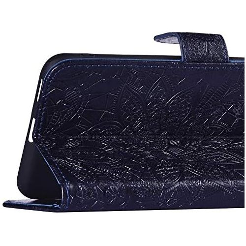  [아마존베스트]QPOLLY Kompatibel fuer Huawei Honor 20 Pro Huelle Leder Tasche Flip Case Spitzeblume Muster Handytasche Magnet Schutzhuelle im Brieftasche-Stil mit Kartenfacher Standfunktion,Blau