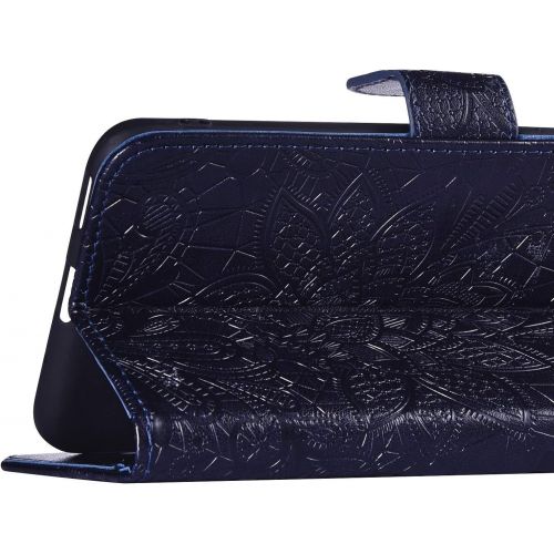  [아마존베스트]QPOLLY Kompatibel fuer Huawei Honor 20 Pro Huelle Leder Tasche Flip Case Spitzeblume Muster Handytasche Magnet Schutzhuelle im Brieftasche-Stil mit Kartenfacher Standfunktion,Blau