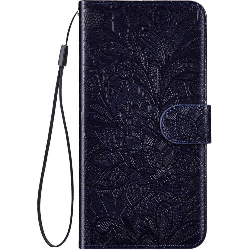  [아마존베스트]QPOLLY Kompatibel fuer Huawei Honor 20 Pro Huelle Leder Tasche Flip Case Spitzeblume Muster Handytasche Magnet Schutzhuelle im Brieftasche-Stil mit Kartenfacher Standfunktion,Blau