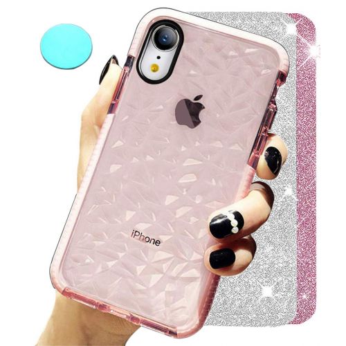  QQWANG Compatible iPhone XR Case With [2 Pack Glitter Sparkle + 1 Phone Metallic Plate] Crystal Clear Slim Diamond Pattern Soft TPU Cover for Women Girls Men Boys with iPhone 6.1 I