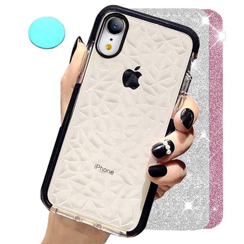  QQWANG Compatible iPhone XR Case With [2 Pack Glitter Sparkle + 1 Phone Metallic Plate] Crystal Clear Slim Diamond Pattern Soft TPU Cover for Women Girls Men Boys with iPhone 6.1 I