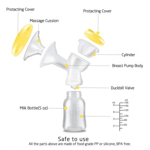  [아마존베스트]QQcute Single Electric Breast Pump Comfort Breastpump Breastfeeding Kit with Portable Breastmilk Bottle,2 Mode Massage & Suction,BPA Free Safe, Yellow