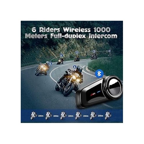  QSPORTPEAK Motorcycle Helmet Bluetooth Intercom Headset Communication Systems Kit, M2 Full Duplex 6 Riders Group Helmet Intercom/FM Radio/Voice Prompt/MP3/GPS Connective/Range 1000m/IP67 Waterproof