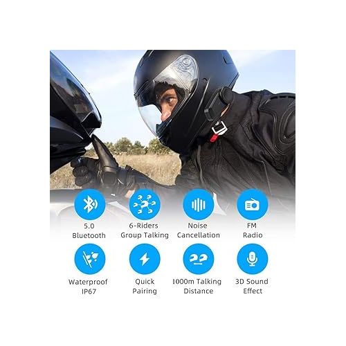  QSPORTPEAK Motorbike Bluetooth Helmet Headset Intercom,M2 Full Duplex Wireless Motorbike Interphone for 6 Riders/Range 1000m/FM Radio/GPS/MP4,Connect with Any Bluetooth Headset（1 Pack