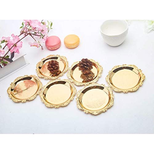  QTKJ 18K Plating Round Heavy Metal Charger Plate, Set of 7 Pieces Mini Cake Plates Metal Wedding Birthday Party Dish Cupcake plates(Gold)