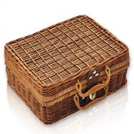QTKJ Wicker Picnic Basket, Straw Storage Box with Handles, Gingham Pattern Lining Willow Lunch Box, Leather Strap Metal Lock Retro Suitcase Prop Box