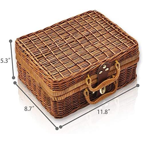  QTKJ Wicker Picnic Basket, Straw Storage Box with Handles, Gingham Pattern Lining Willow Lunch Box, Leather Strap Metal Lock Retro Suitcase Prop Box