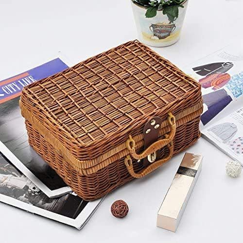  QTKJ Wicker Picnic Basket, Straw Storage Box with Handles, Gingham Pattern Lining Willow Lunch Box, Leather Strap Metal Lock Retro Suitcase Prop Box